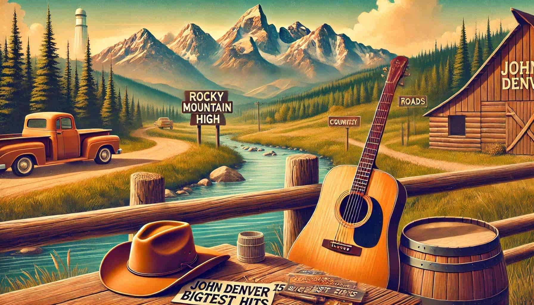 A Scenic View Of The Rocky Mountains With A Guitar And Cowboy Hat Representig The Top Songs By John Denver