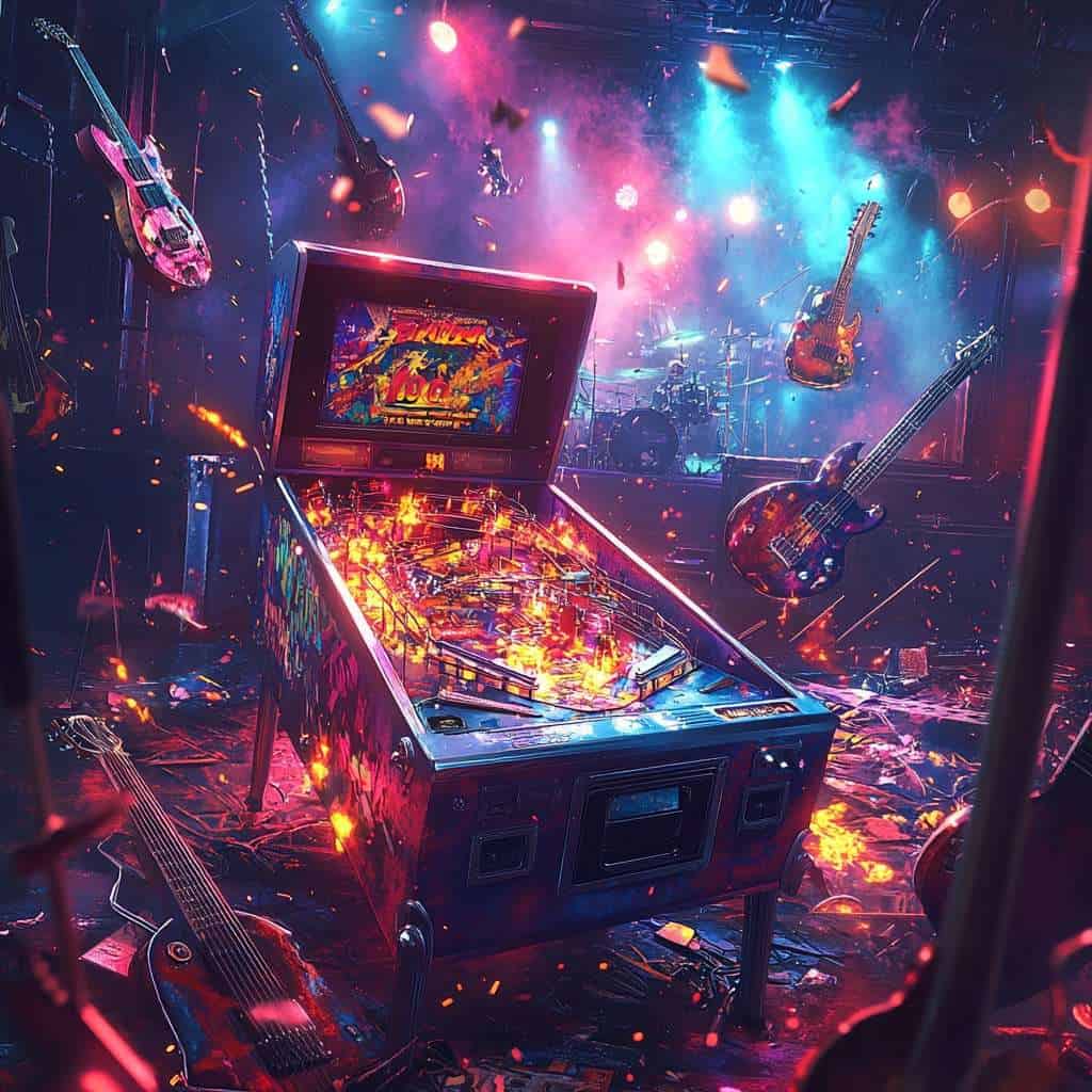 A Pinball Machine Surrounded By Guitars