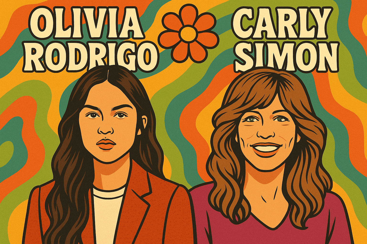 Olivia Rodrigo And Carly Simon Illustrated Portraits, Retro 70S Music Icons, Colorful Psychedelic Background.