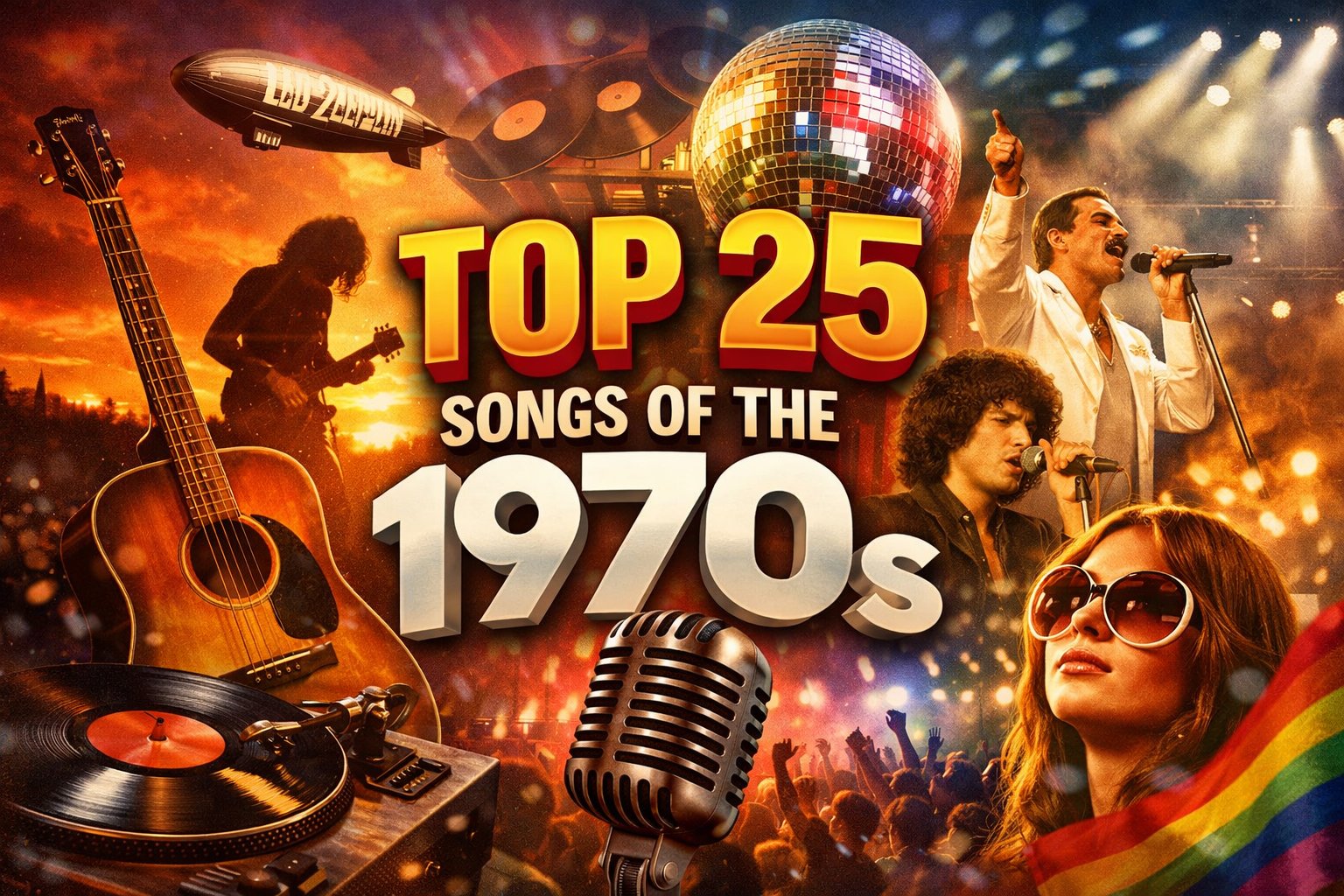 Collage Representing The Top 25 Songs Of The 1970S, Featuring Iconic Rock, Disco, And Soul Imagery From The Decade