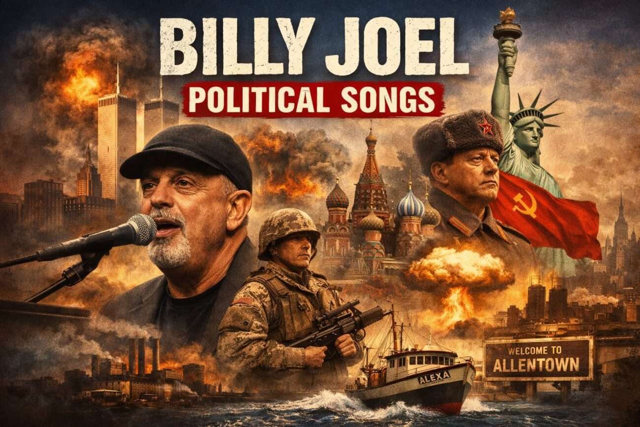 Billy Joel Performing At A Piano With Dramatic Imagery Of War, Factories, Cold War Symbolism, And A Fishing Boat Representing His Politically Themed Songs.