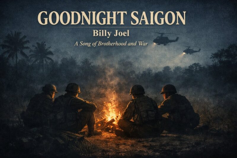 Stylized Illustration Of Soldiers Around A Campfire At Night Representing Billy Joel’s Song Goodnight Saigon