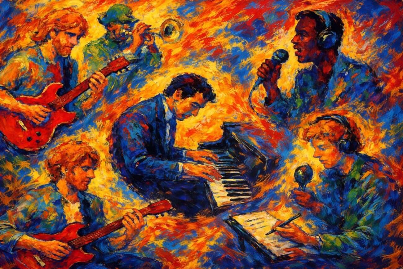 Impressionist-Style Painting Of Musicians Playing Piano, Guitar, Trumpet, And Singing In A Vibrant, Colorful Studio Setting.