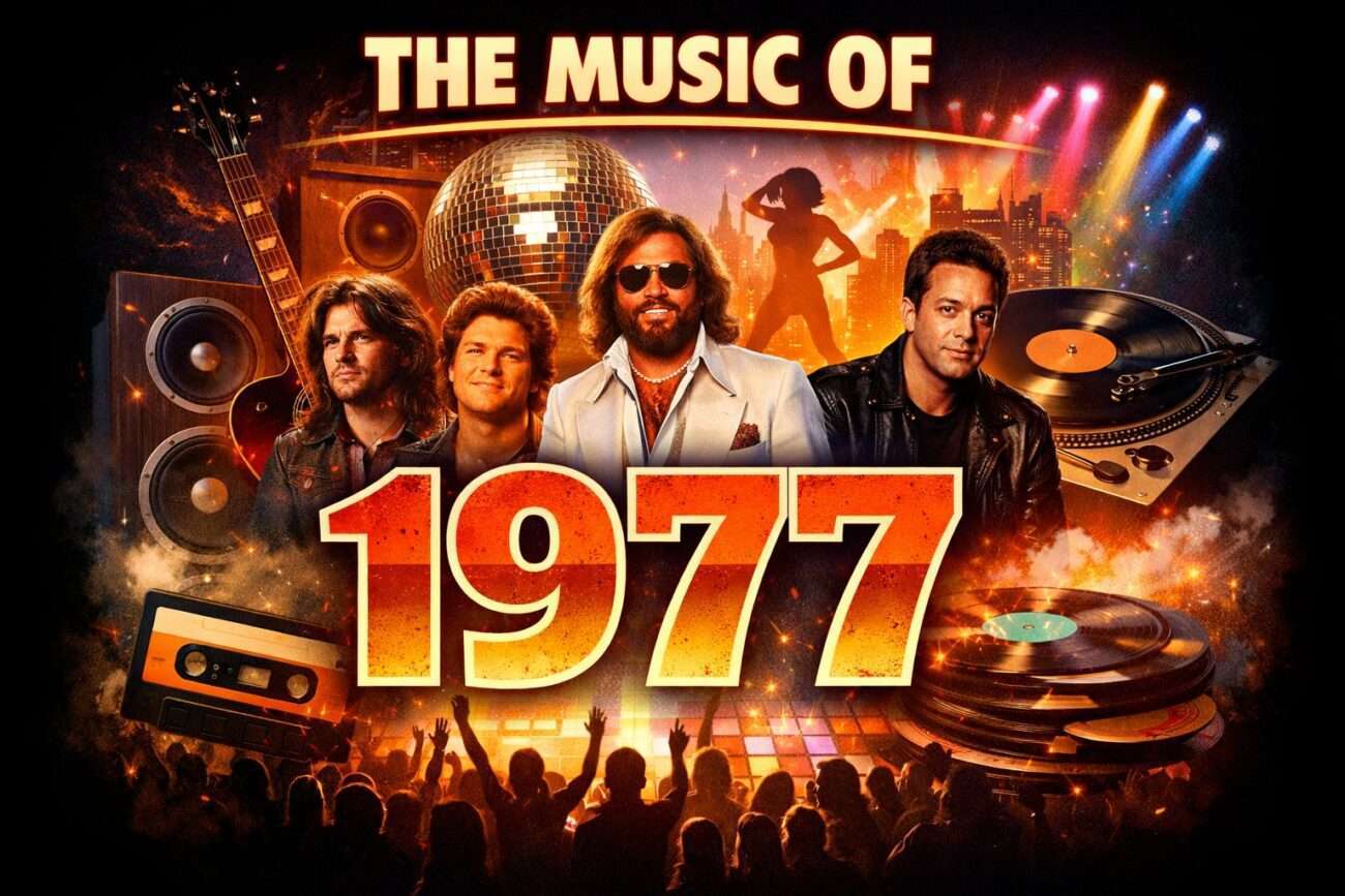 Retro 1977 Music Collage With Disco Ball, Vinyl Records, Turntable, And Concert Crowd Representing Rock And Disco Trends Of The Late 1970S