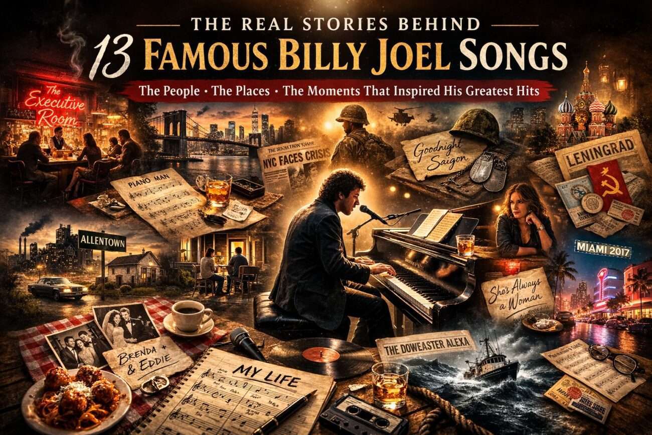 Illustration Representing The Real Stories Behind Billy Joel Songs Including Piano Man, Allentown, Vienna, Leningrad, And Goodnight Saigon