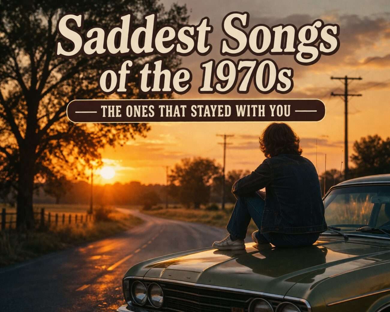 A Nostalgic 1970S Sunset Scene With A Person Sitting On A Vintage Car, Capturing The Reflective Mood Of The Saddest Songs Of The 1970S.
