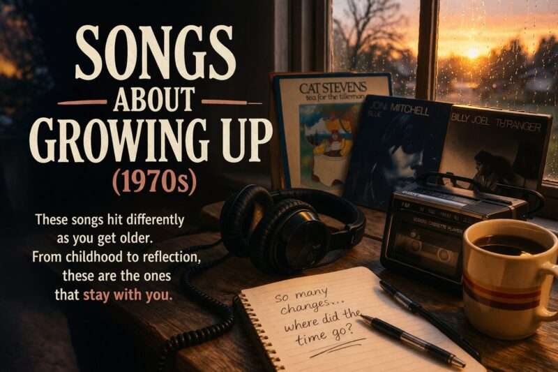 Vintage 1970S Scene With Vinyl Records, Cassette Player, Headphones, And Coffee By A Rainy Window At Sunset, Representing Songs About Growing Up And Reflection