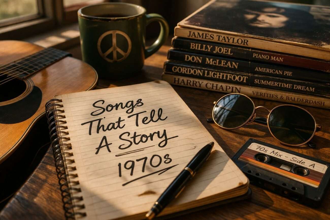 Vintage 1970S Music Scene With Acoustic Guitar, Cassette Tape, Sunglasses, And Notebook Reading “Songs That Tell A Story 1970S” On A Wooden Table