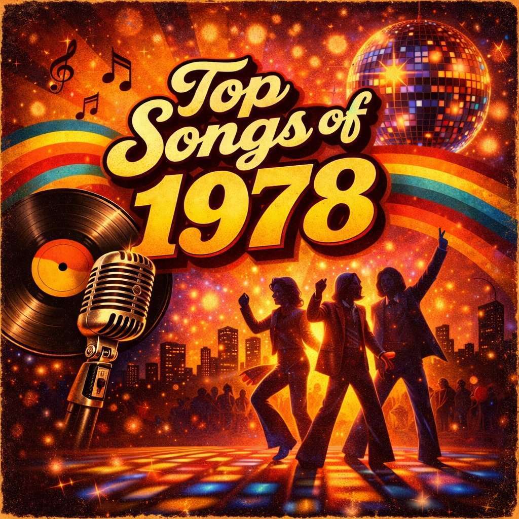 Top Songs Of 1978 Retro-Style Featured Image With Disco Ball, Dancing Silhouettes, Vinyl Record, And Vintage Microphone In A 1970S Nightlife Scene