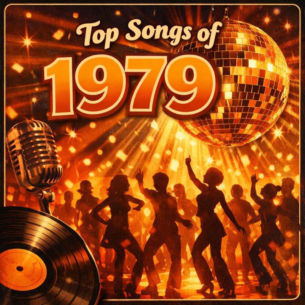 Retro-Style 1979 Disco Scene With A Glowing Disco Ball, Dancing Silhouettes, Vinyl Record, And Microphone, Featuring Bold Text “Top Songs Of 1979” In Warm Vintage Colors.