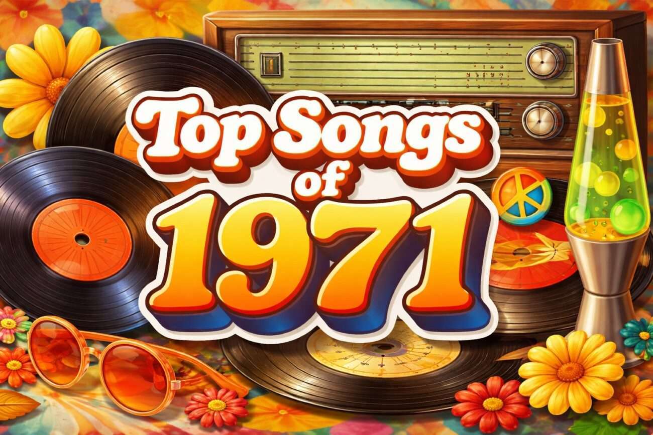 Vintage 1970S Themed Graphic Representing The Top 25 Songs Of 1971 From The Billboard Year-End Hot 100 With Vinyl Records And Retro Music Imagery.