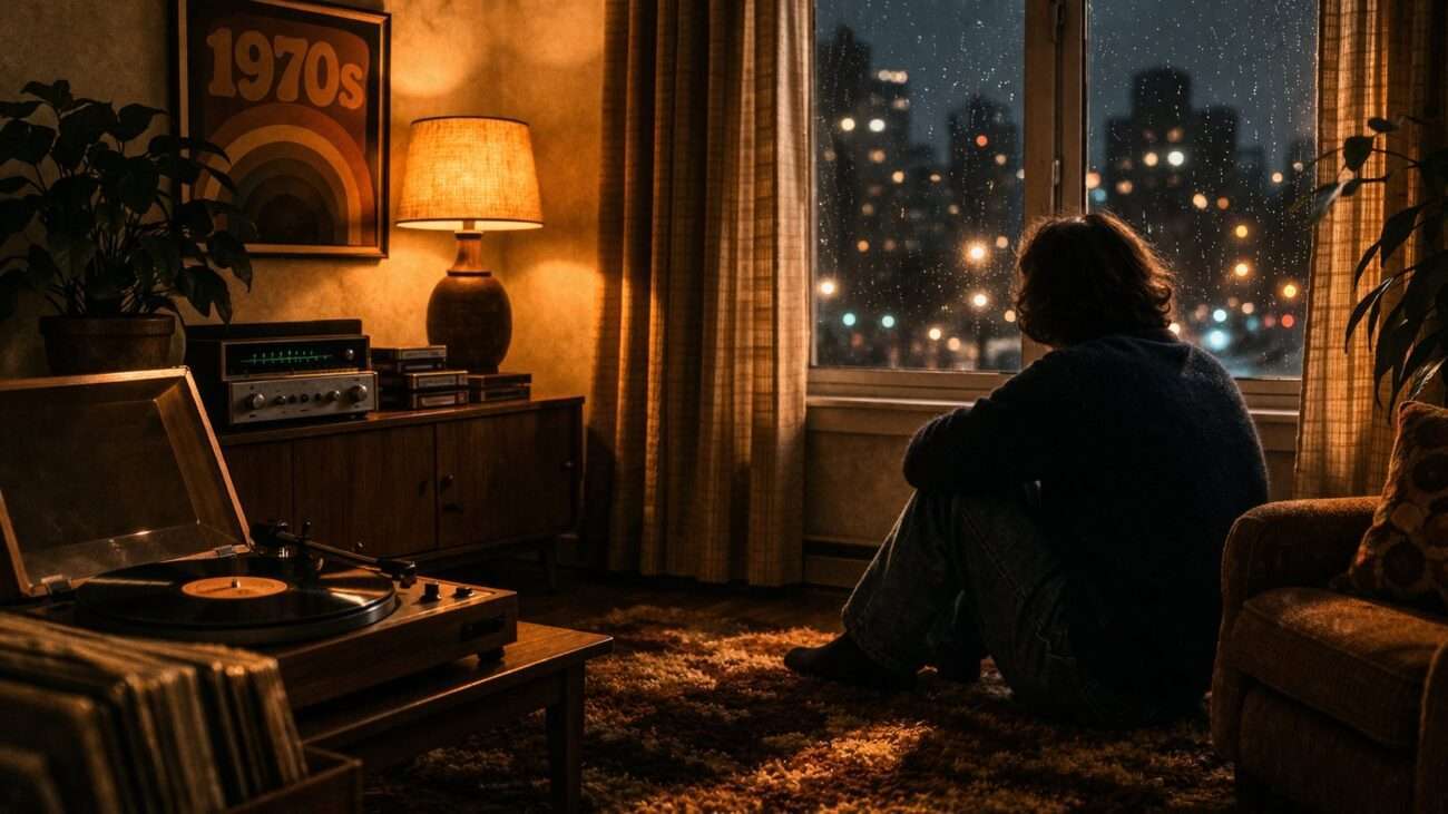 A Person Sitting Alone In A Softly Lit 1970S Living Room With A Vinyl Record Playing, Capturing The Quiet Feeling Of Loneliness And Reflection