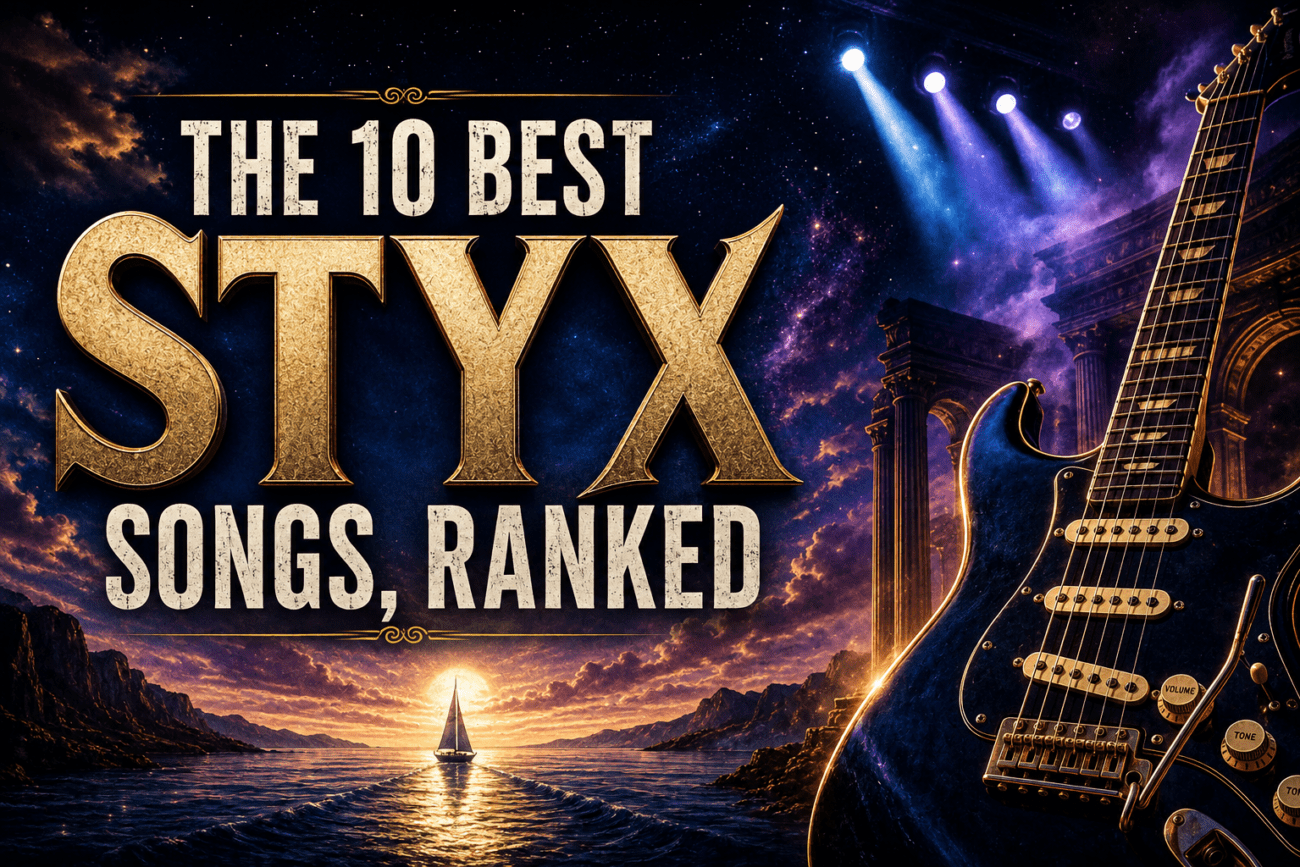 The 10 Best Styx Songs Ranked, Illustrated With A Guitar, River, And Dramatic Celestial Lighting.